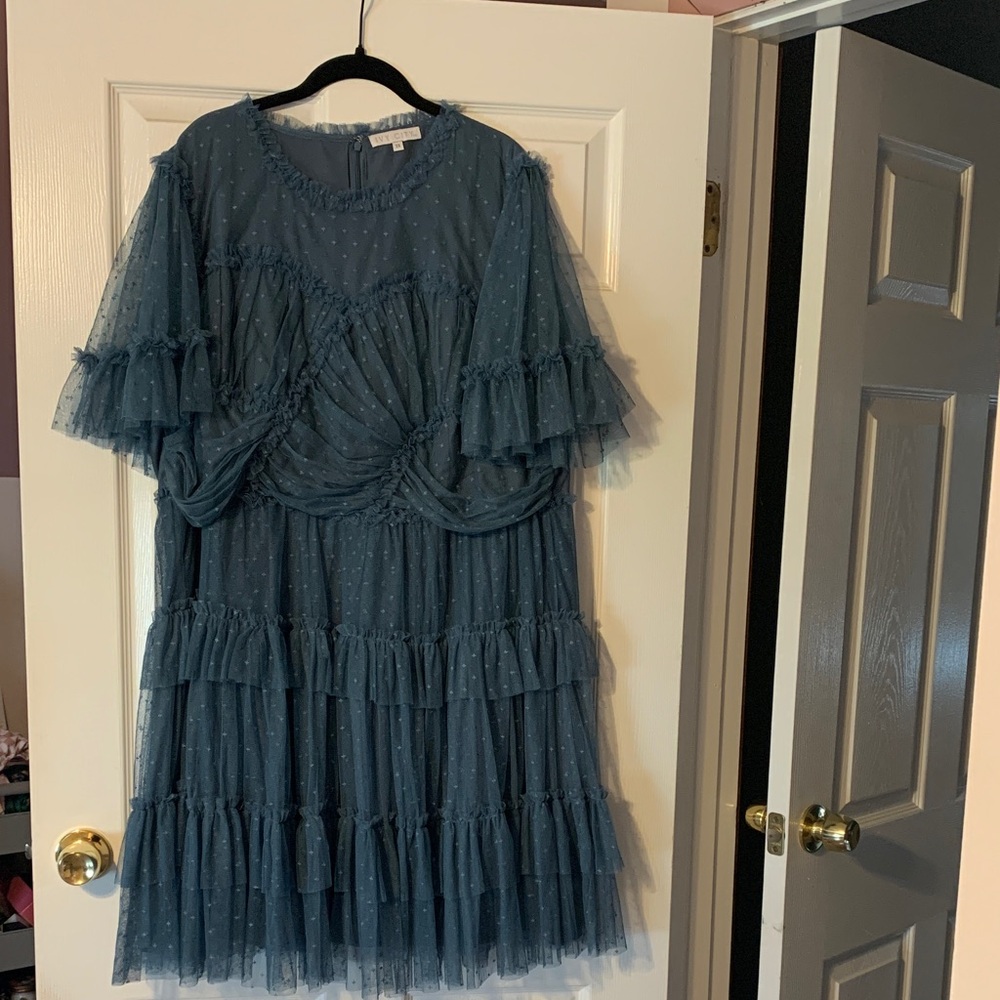 Ivy City Co Whimsical Slate Blue Layered Ruffle Tulle Dress